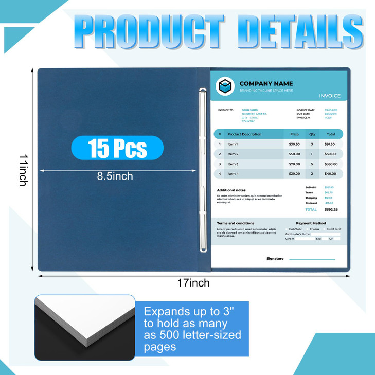 Zhanmai 15 Packs 8.5'' x 11'' Pressboard Report Covers, Metal Prong Fastener with Compressor, Letter Size 3'' Capacity Presentation Report Folder to