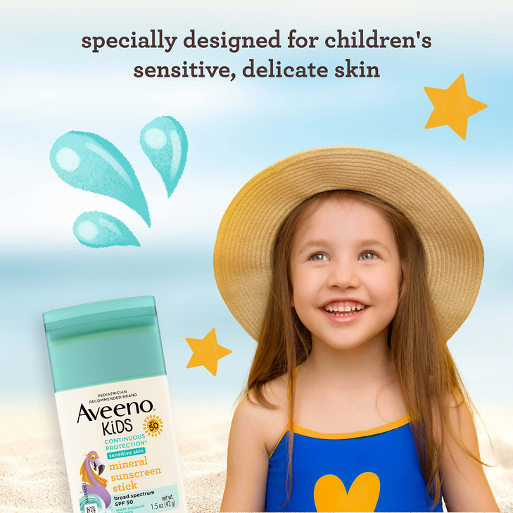 Aveeno Kids Continuous Protection Zinc Oxide Mineral Sunscreen Stick for Sensitive Skin, Face & Body Sunscreen Stick for Kids with Broad Spectrum SPF