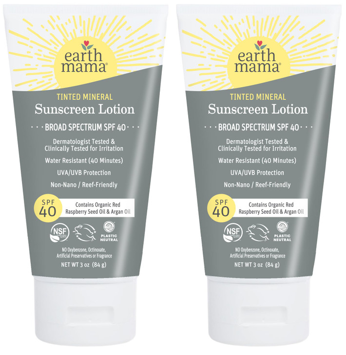 Earth Mama Tinted Mineral Sunscreen Lotion SPF 40, Contains Organic Argan and Red Raspberry Seed Oil, 3-Ounces, 2-Pack