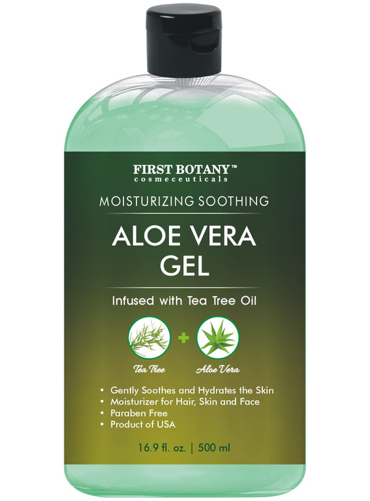 First Botany, Aloe Vera Gel from 100 Percent Pure Aloe Infused with Tea Tree Oil - Natural Raw Moisturizer for Hand Sanitizing Gel, Skin Care, Hair C