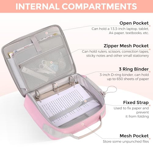 SKYDUE 3-Inch 650-Sheet Zipper Binder with Adjustable Shoulder Strap & Handle, 3-Ring Zip Up Binder for School & Office, Multi-Pocket Binder with Dua
