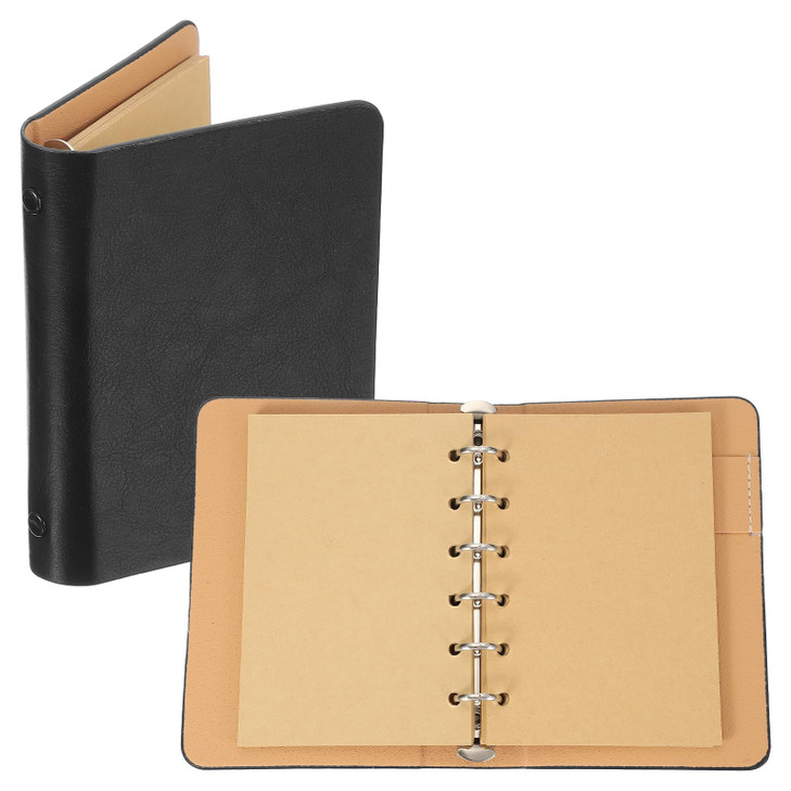 PATIKIL 6 Ring Binder Cover, 1 Pack A7 Kraft Leather Notebook Binder Mini Refillable Loose Leaf Personal Planner with 50 Sheets Paper, Black