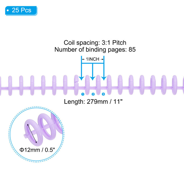 PATIKIL 12mm(1/2") Plastic Spiral Binding Coils, 25 Pcs Binding Spirals 85 Sheet Capacity 3:1 Pitch Binding Spirals for Binding Paper Sheets, Purple