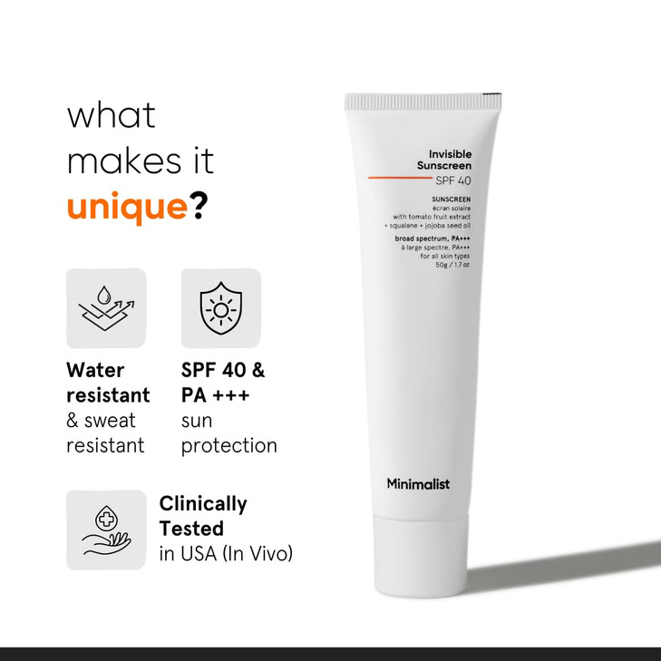 Minimalist SPF 40 Water Resistant Invisible Sunscreen Gel | Ultra Light Gel | No White Cast | Sweat Resistant | PA+++ | With Tomato Extract, Squalane
