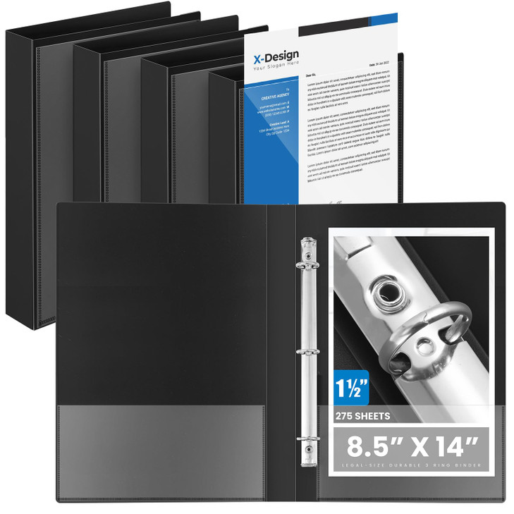 Henoyso 4 Pcs Legal Size Binder with View Cover 3 Ring 1" Durable PP Plastic Black Binders for 8.5" x 14" Paper Hold up to 175 Sheets for Documents,