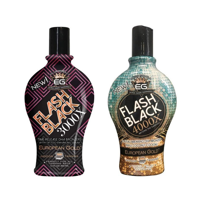 Bundle Set of 2: European Gold Flash Black 3000X Indoor Tanning Lotion with Time-Release DHA Bronzers, 12 oz and European Gold Flash Black 4000X Indo