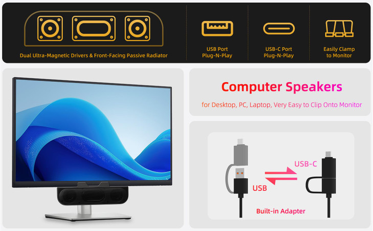 Computer Speakers for Desktop PC, Monitor Speakers, USB Plug-in, Wired, External Speaker for Laptop, Small Computer Soundbar for PC, with Loud Sound,
