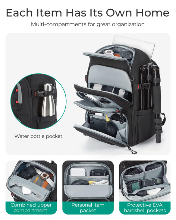 BAGSMART Camera Bag for Photographers, Professional Camera Bag Fits up to 15.6" Laptop, DSLR/Drones/Tripod Camera Case with Rain Cover, Black