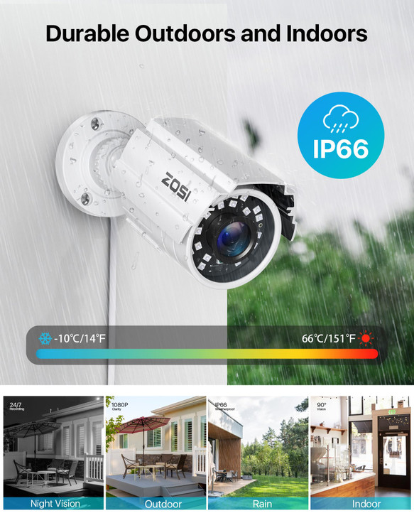 ZOSI 2MP 1080p HD 1920TVL Outdoor Indoor Home Security Camera (Hybrid 4-in-1 HD-CVI/TVI/AHD/960H Analog CVBS), 24PCS LEDs, 80ft IR Night Vision, Weat