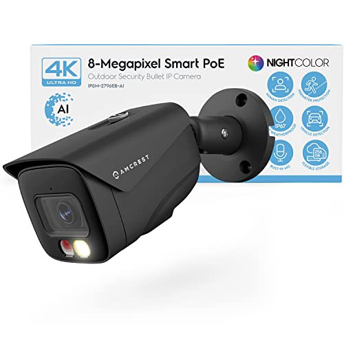 Amcrest UltraHD 4K (8MP) IP PoE AI Camera, FOV 129°, 49ft Color Nightvision, Security Outdoor Bullet Camera, Human & Vehicle Detection, Active Deterr