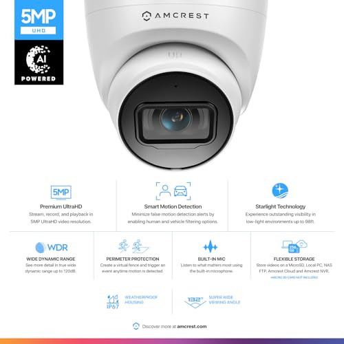Amcrest 5MP Turret POE Camera, UltraHD Outdoor IP Camera POE with Mic/Audio, 5-Megapixel Security Surveillance Cameras, 98ft NightVision, 132° FOV, M