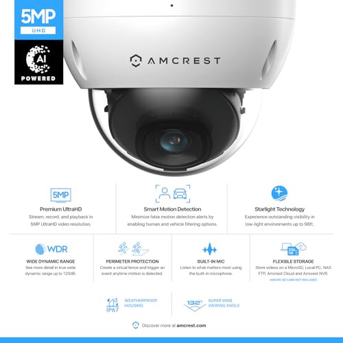 Amcrest 5MP POE Camera, Outdoor Vandal Dome Security POE IP Camera, 5-Megapixel, 98ft NightVision, 2.8mm Lens, IP67, IK10 Resistance, MicroSD 256GB (