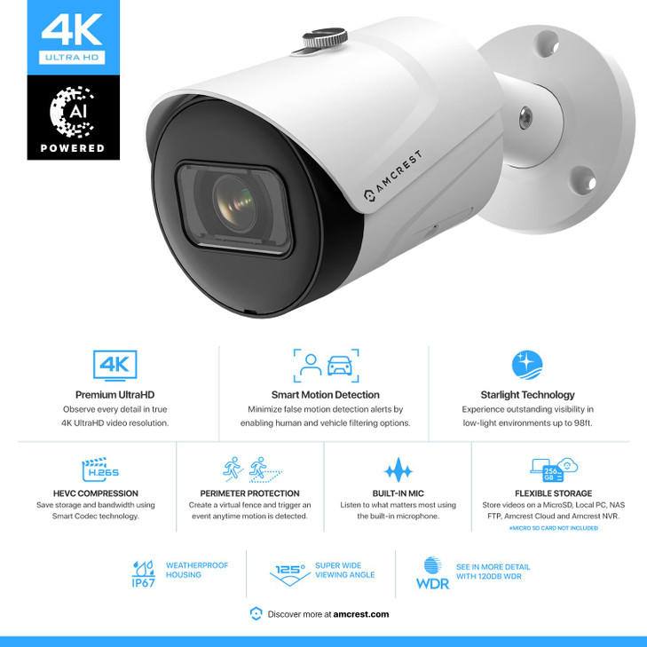 Amcrest 4K (8MP) IP POE Camera, UltraHD Outdoor Bullet, 3840x2160, 98ft NightVision, 125° FOV, IP67, MicroSD (256GB), Human & Vehicle Detection, Trip