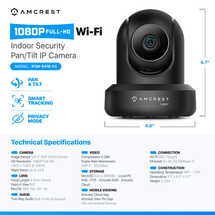 Amcrest ProHD 1080P WiFi 2MP (1920TVL) Indoor Pan/Tilt Security Wireless IP Camera IP2M-841B (Black)
