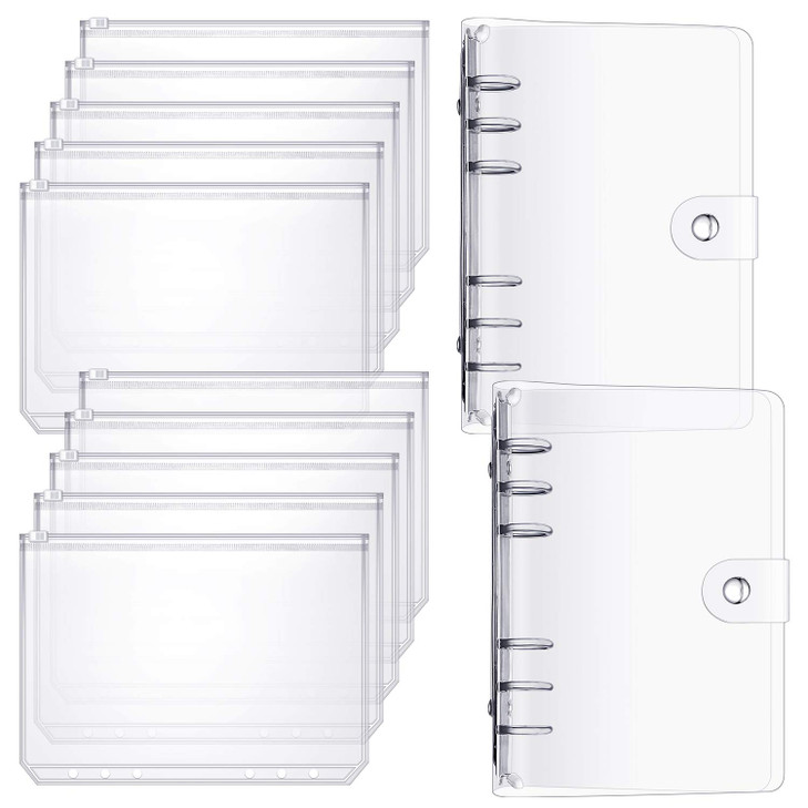 10 Pieces A6 Binder PVC Cover with 2 Pieces Clear PVC Zipper Binder Pockets, Waterproof 6-Ring Budget Binder Envelopes System Budget Planner Organize