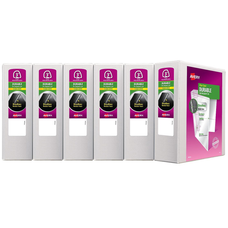 Avery Durable View 3 Ring Binders, 3" EZD Rings, 6 White Binders (09701)