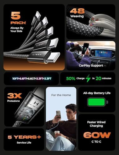 LISEN USB C to USB C Cable, 5-Pack [3.3/3.3/6.6/6.6/10FT] for iPhone 17 Charger Cord, 60W C to C Cable Fast Charging for iPad, iPhone 16 15 Pro Max,