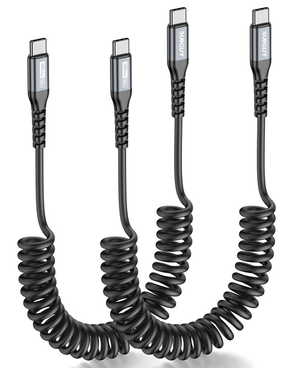 SUNGUY Coiled USB C to USB C Cable, 2Pack 5FT?Recommended Stretch Length:1.3-3.3FT?USB-C Cable for Car, USBC to USBC Android Auto Carplay Cable, for