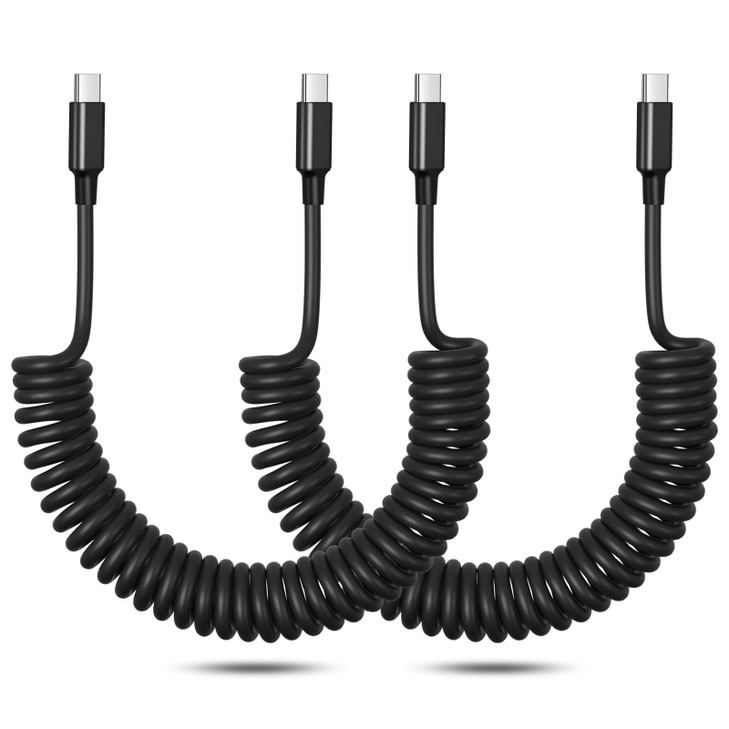 Coiled USB C Cable, OKRAY 2-Pack USB C to USB C 60W Fast Charging 3FT Retractable Type C to Type C Carplay&Android Auto Car Charger Cord for iPhone 1
