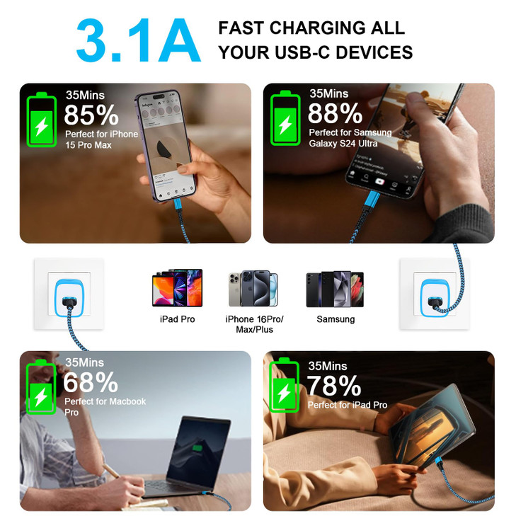 Car Carplay Cable Fast Charging 3FT/2Pack for iPhone 17 Pro Max Air 16e/16/16 Pro/16 Pro Max/16 Plus/15 Pro Max,3.1A USB Type C Charger Cord Car Fast