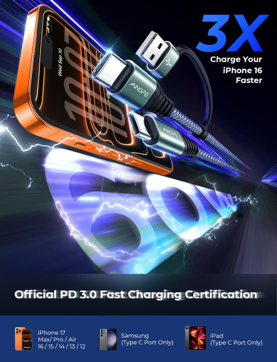 AINOPE 10FT USB C Cable Fast Charging with USB Adapter, Woven 60W USB to USB C Cable Type C Charger Fast Charging 10FT Long USB-C Cables for iPhone 1