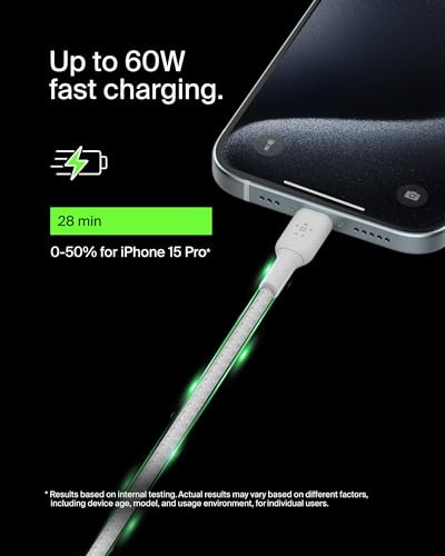 Belkin BoostCharge (1M/3.3ft) Braided USB-C to USB-C Cable for iPhone 16, iPhone 16 Pro, iPhone 16 Pro Max, Galaxy S25, S24, Galaxy Note, Pixel 9 & 8
