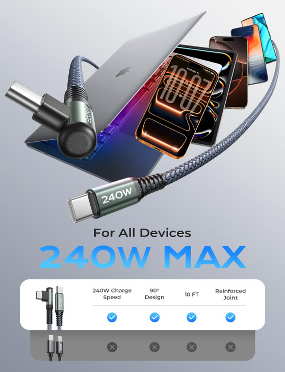 AINOPE 240W USB C to USB C Cable [10FT] Right Angle C to C Cable Fast Charging,Sideways Phone Charger USBC to USBC Fits iPhone 17 16 15 Pro Max Plus,