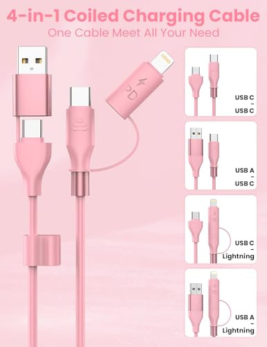 Pink Coiled Car Charging Cable 2-in-1 (USB-C & Lightning), 3FT Cute Car Accessories for iPhone 17/16/15, Samsung Galaxy  Supports Apple CarPlay & An