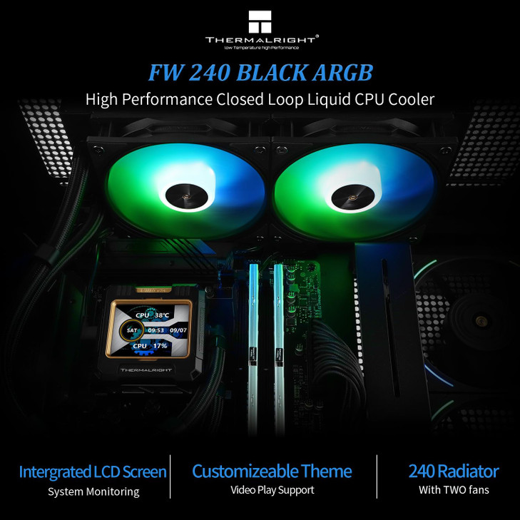 Thermalright FW 240 Black ARGB CPU Water Cooler with 2 PWM Fans with 2000RPM,IPS LCD Screen with 320 * 240 Resolution,Liquid CPU Cooler,CPU PC Aio Co