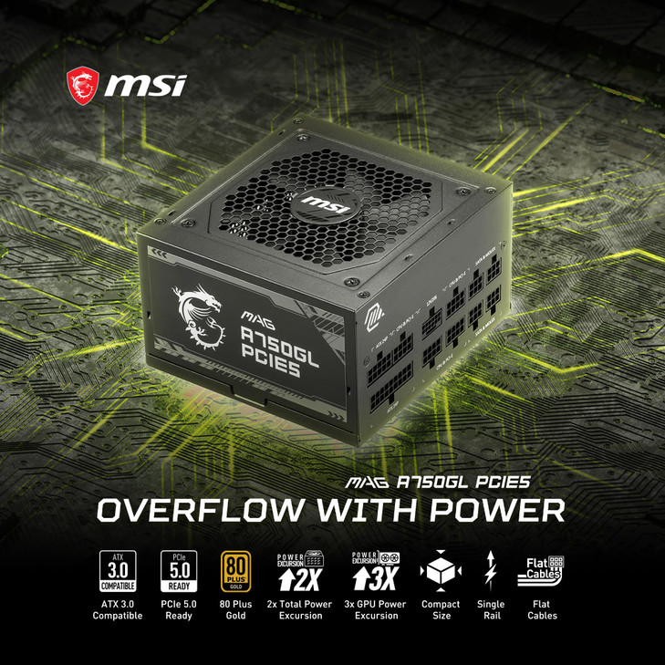 MSI MAG A750GL PCIE5, Fully Modular Compact Gaming 750W Power Supply, 80+ Gold, ATX 3.1 & PCIe 5.1 Ready, Native Dual-Color 12V-2x6 Cable, 10 Year Wa