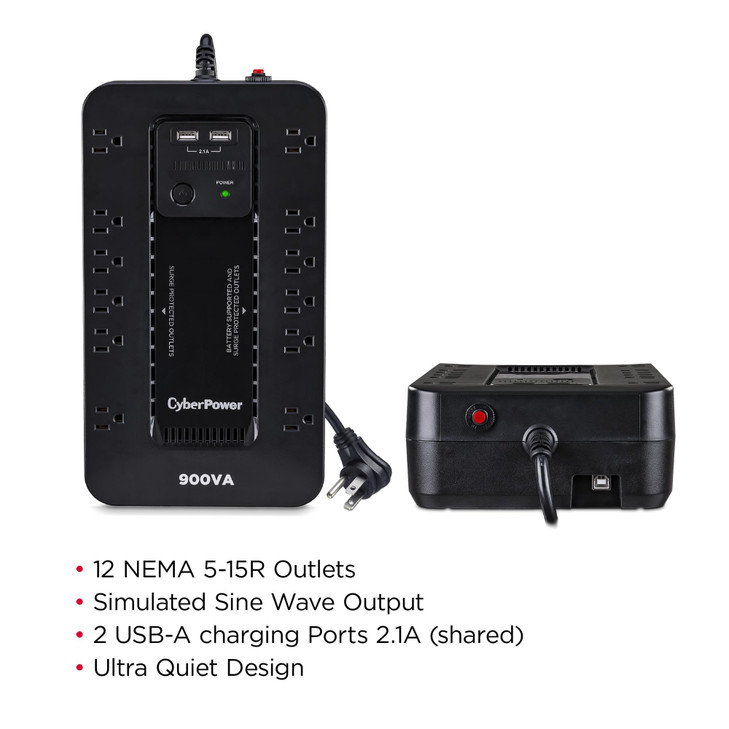 CyberPower ST900U Standby UPS System, 900VA/500W, 12 Outlets, 2 USB Charging Ports, Compact, Black