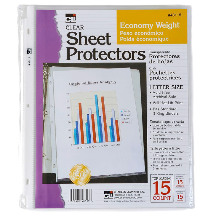 Charles Leonard Sheet Protectors, Top Loading with Binder Holes, 2 Mils Economy Weight, Letter Size, Pack of 15