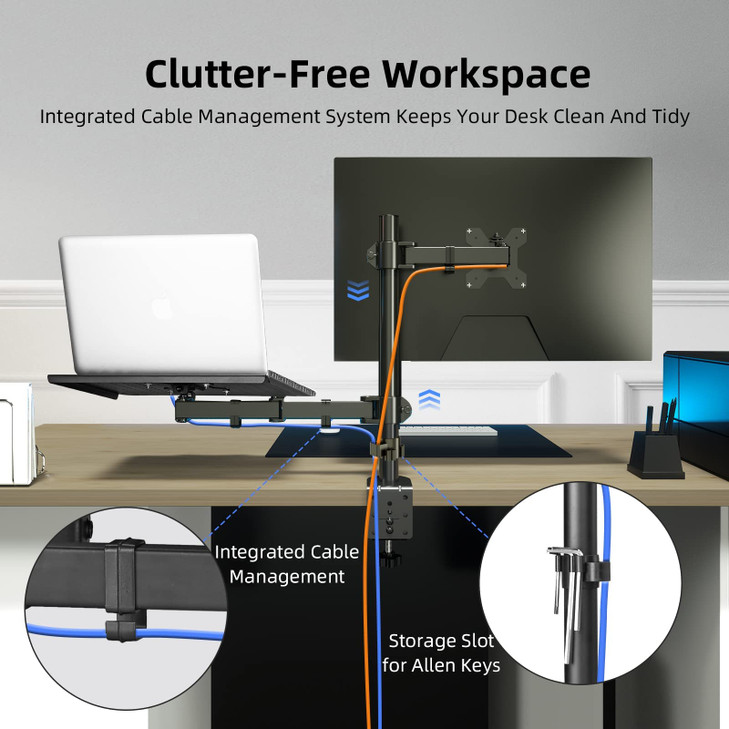 Suptek Monitor and Laptop Mount Holds 13-32 inch Computer Screen,Adjustable Monitor Arm Stand with Laptop Tray for 13-27 inch,Hold 22 lbs, with Clamp