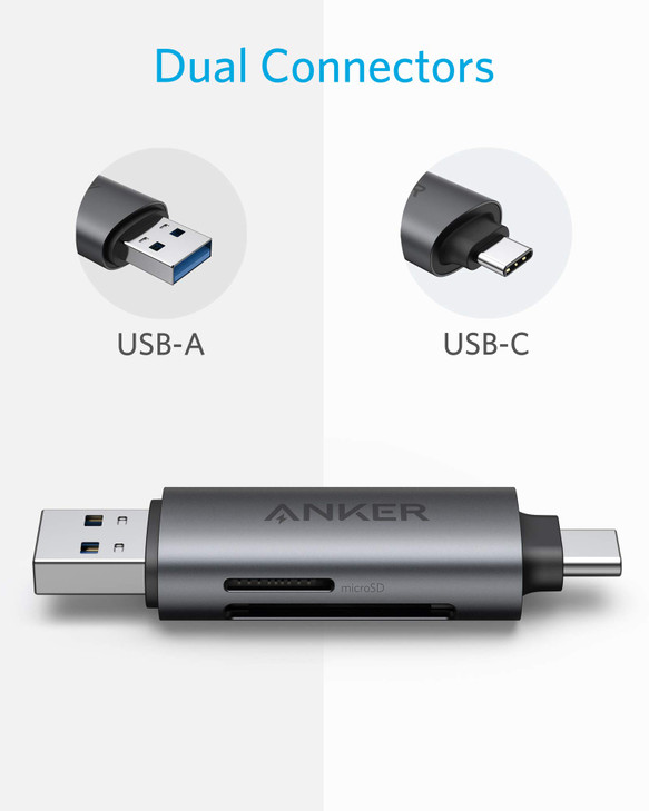 Anker USB-C and USB 3.0 SD Card Reader, PowerExpand+ 2-in-1 Memory Card Reader with Dual Connectors, for SDXC, SDHC, (Micro) SD, MMC, RS-MMC, Micro S