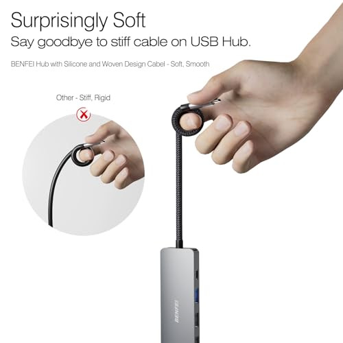 BENFEI USB C Hub 5-in-1 with 4K HDMI(Certified), 100W Power Delivery, 3 USB-A, Silicone Cable, Aluminum Case Compatible with MacBook Pro/Air, iPad Pr