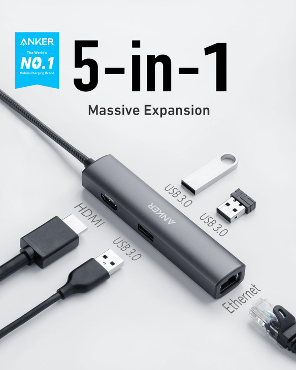 Anker USB C Hub Adapter, 5-in-1 USB C Adapter with 4K HDMI, Ethernet Port, 3 3.0 Ports, for MacBook Pro, iPad Pro, XPS, Pixelbook, and More