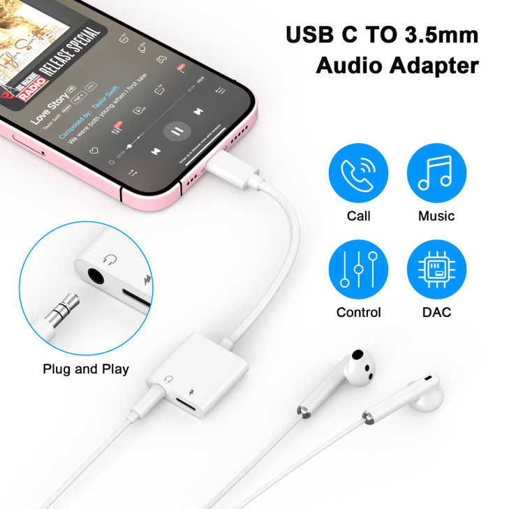 MFi Certified 1 Pack USB C to 3.5mm Headphones Jack Adapter for iPhone 15 Dongle 2 in 1 Charger and Aux Audio Splitter Adapter for iPhone 17 16 15 Pl