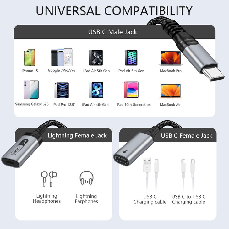 USB C to Lightning Audio and Charge Adapter for iPhone 16 15 Pro, USB Type C Male to Female Lightning Headphone & Type C Charge Converter Fit with i-