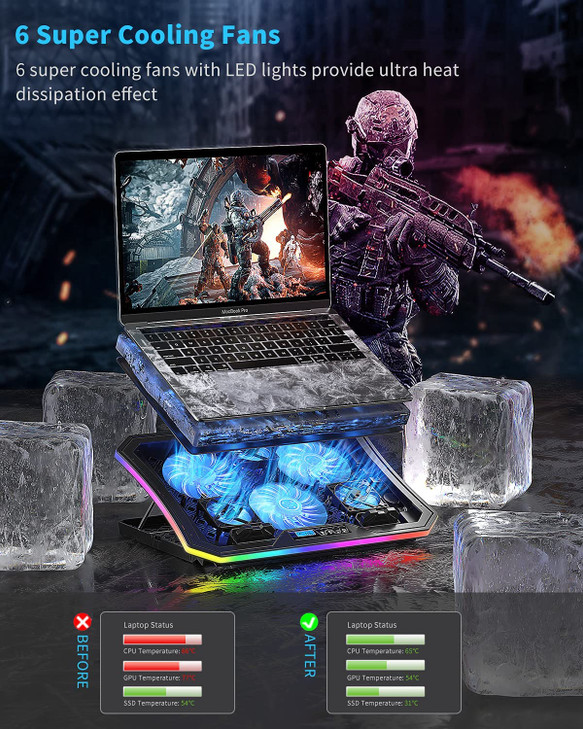 KeiBn Upgarde Laptop Cooling Pad, RGB Lights Laptop Cooler 6 Fans for 15.6-17.3 Inch Laptops, 7 Height Stands, 10 Modes Light, 2 USB Ports, Desk or L