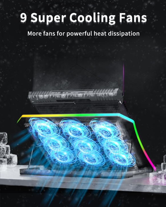 KeiBn Upgraded Gaming Laptop Cooler Pad with 9 Quiet RGB Fans, Cooling Pad for 15.6-17.3 Inch Laptops with 7 Height Stands, 2 USB Ports, Phone Stand-