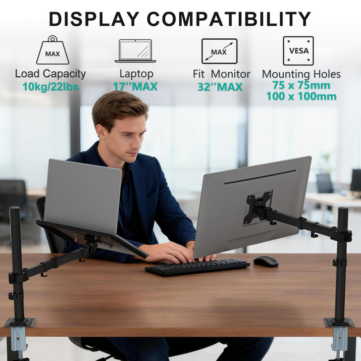 WALI Laptop Tray Desk Mount for 17inch Notebook, Fully Adjustable Laptop Arm up to 22lbs, Monitor Mount with Vented Cooling Platform Stand (M00LP), B