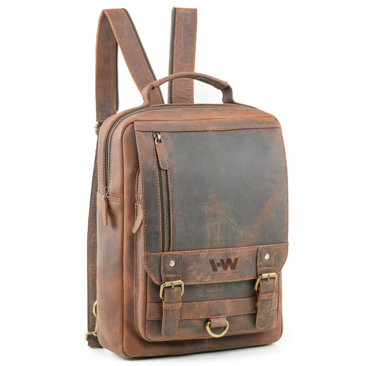 Handmade World Leather Backpack Convertible to Sling Bag 'The UpVibe' Fits 16 Inch Laptop Brown Full Grain Buffalo Hunter Leather Daypack Knapsack St