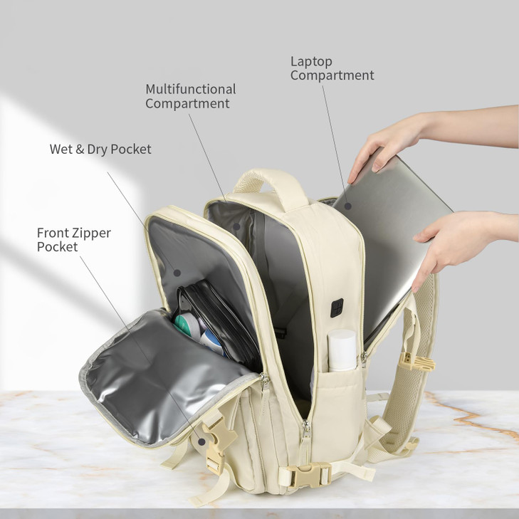 PARAPOGEE Travel Backpack For Women, 25L Waterproof Laptop Daypack for Traveling Camping, Small Carry On Flight Approved Backpacks (Beige)