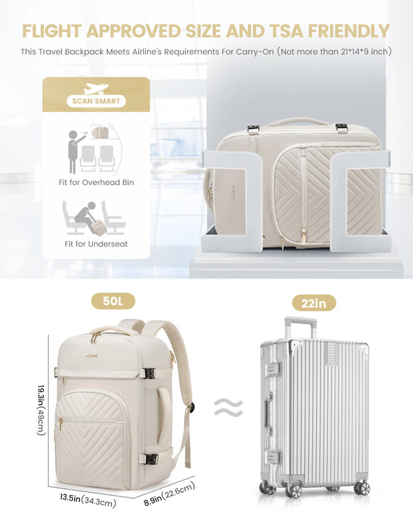 LOVEVOOK Large Travel Backpack for Women, 50L Carry on Backpack for Airplanes, TSA Personal Item Travel Bag for Women fits 18" Laptop, Waterproof Car