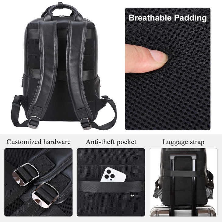 TIDING Genuine Leather Business Backpack for Men Women Professional 15.6 Inch Laptop Bag Work Office Casual Daypack, Black