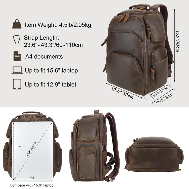TIDING Vintage Full Grain Leather 16 Inch Laptop Backpack for Men Multi Pockets Travel Rucksack Weekend Business Daypack_Large