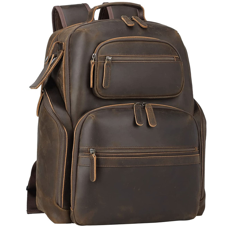TIDING Men's Vintage Leather 15.6" Laptop Backpack Multi Pockets Travel Rucksack Business Overnight Daypack