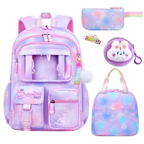Psecoll 6Pcs Kawaii Backpack Set for Girls, Cute Pink Lightweight Daypack Kids Bookbag Large Capacity Laptop Bag, 17in Gradient Double Shoulder Backp