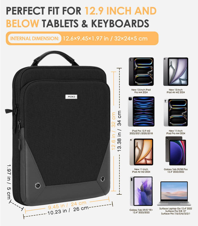 MoKo 12.9 Inch Tablet Sleeve Bag 360° Protection Compatible with 13 Inch New iPad Pro M4 & Air M2 2024, iPad Pro 12.9 M2&M1, Galaxy Tab S8/S9 Plus 12