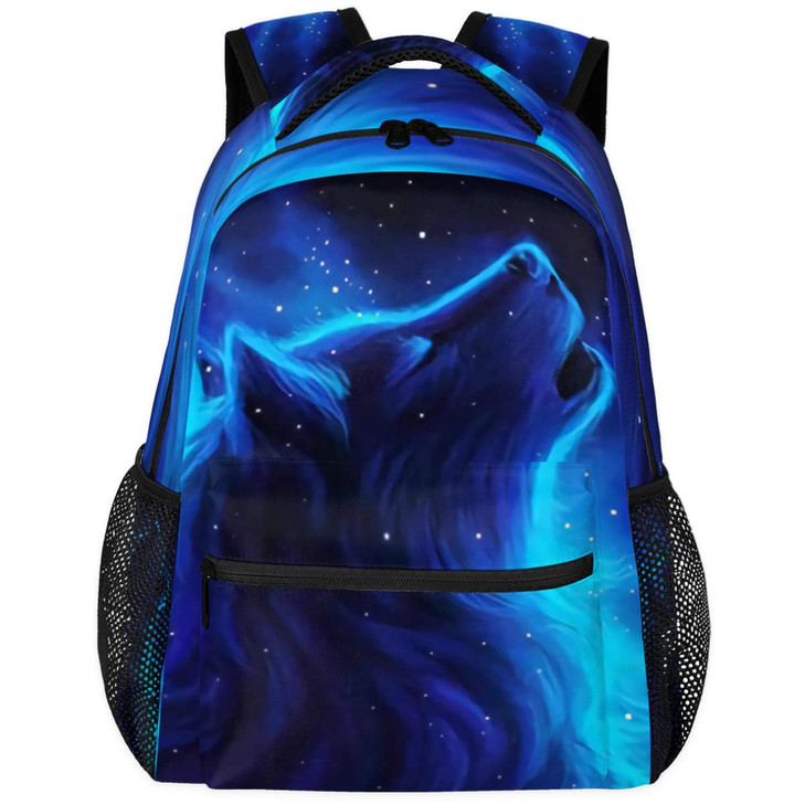 Pardick Wolf Backpacks for Boys Girls, Blue Galaxy Cool Wolf Lightweight School Backpack Laptop College Bookbag, Travel Casual Daypack, Hiking Campin